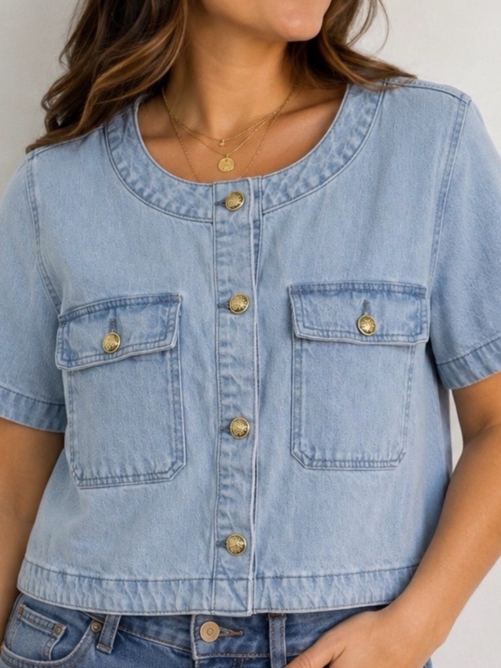 Free Assembly Cropped Denim Short-Sleeve Gold Statement Button Front Jacket